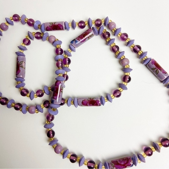 Purple long strand artisan necklace clay beads with rose details - Picture 1 of 8